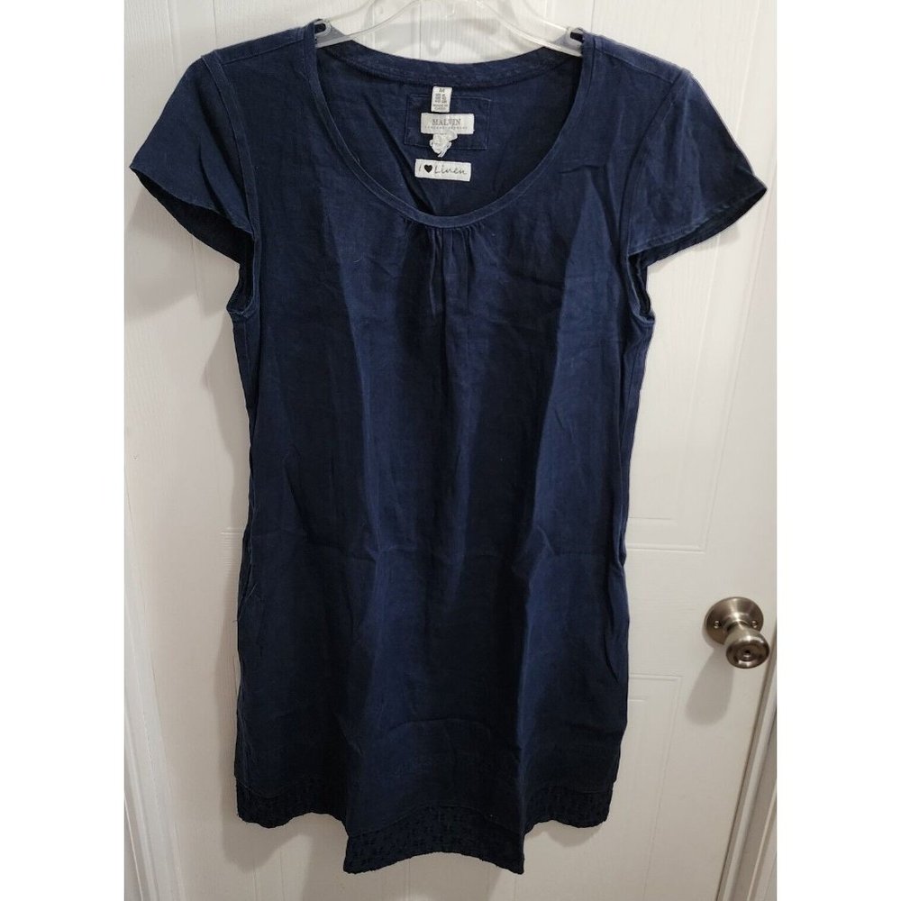 Malvin I Love Linen Women's Dress Short Cap Sleeves Blue 100% Linen Size M/8